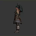 Woman In Fantasy Decorative Armor Holding Green Accented Spear Standing Pose