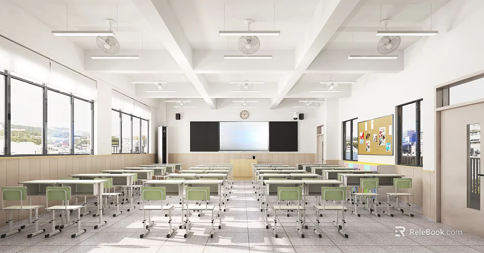 Spacious Modern School Classroom With Desks Chairs Blackboard Fans And Wall Posters 3d model 
