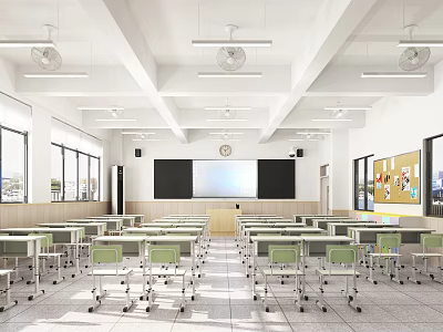 Spacious Modern School Classroom With Desks Chairs Blackboard Fans And Wall Posters 3d model