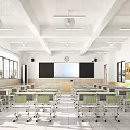 Spacious Modern School Classroom With Desks Chairs Blackboard Fans And Wall Posters