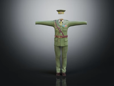 Green Military Uniform With Hat Shoulder Insignia Belt And Formal Tie Attire 3d model