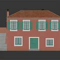 Residential Building With Red Exterior Green Shutters Red Roof Tiles Green Door And Staircase