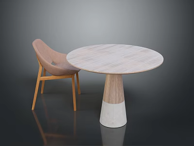 Minimalist Modern Round Wooden Table With Marble Base And Light Brown Curved Chair 3d model
