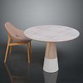 Minimalist Modern Round Wooden Table With Marble Base And Light Brown Curved Chair
