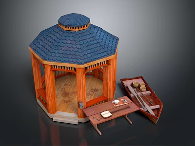 Octagonal Wooden Gazebo With Blue Tile Roof Small Boat Model And Wooden Table 3d model