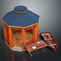 Octagonal Wooden Gazebo With Blue Tile Roof Small Boat Model And Wooden Table