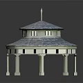 Classic Two Tiered Pavilion With Blue Tiled Roof White Pillars And Spire On Top