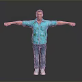 Man In Blue Palm Tree Shirt With Blue Jeans And White Sneakers Arms Outstretched