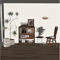 Entryway Side Cabinet With Storage Shelves Potted Plant Floor Lamp Wooden Chair And Decorative Items