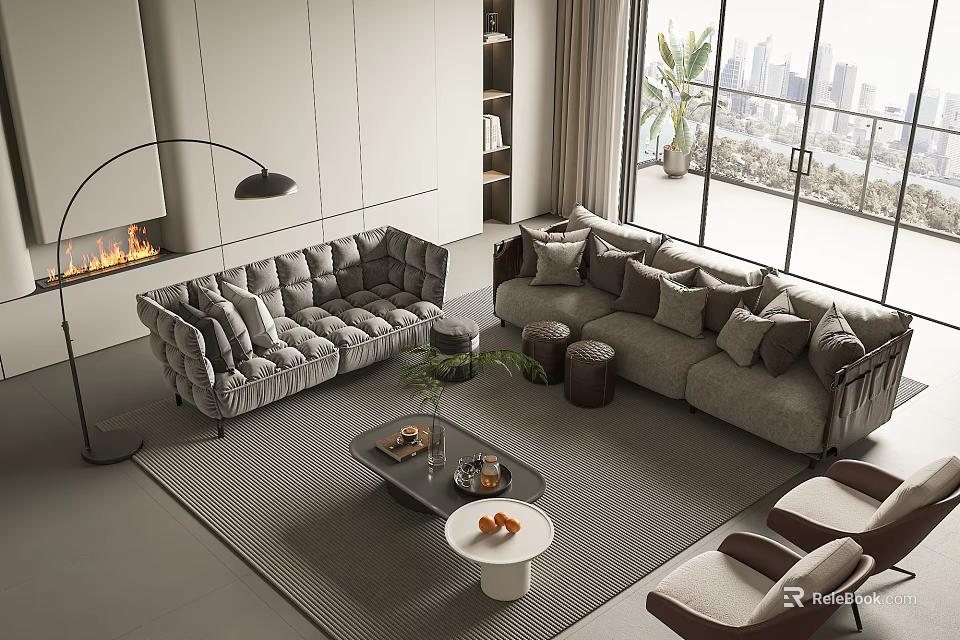Modern Sofa Coffee Table Set With Plush Cushions Floor To Ceiling Windows And City View 3d model 