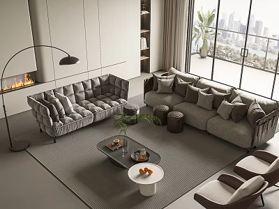 Modern Sofa Coffee Table Set With Plush Cushions Floor To Ceiling Windows And City View 3d model