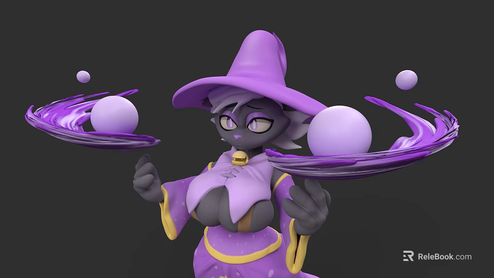 3D Witch Character In Purple Hat With Floating Spheres And Energy Effects 3d model 