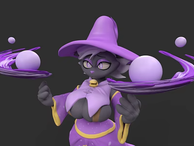 3D Witch Character In Purple Hat With Floating Spheres And Energy Effects 3d model
