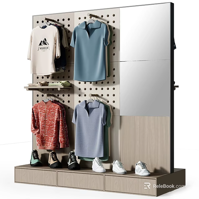 Clothing Display Rack With Diverse Apparel And Shoes 3d model 