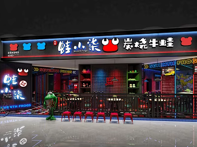 Wa Xiao Qi Charcoal Grilled Bullfrog Shopping Mall Restaurant With Neon Lights Red Seats 3d model