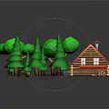 Cartoon Forest Scene With Green Trees Red Roof Log Cabin And Wooden Windows