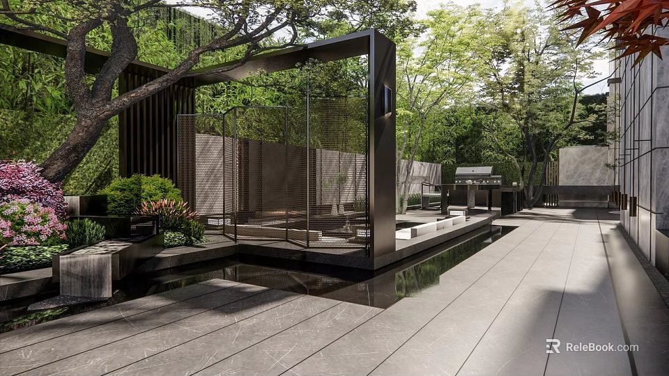Modern Garden Courtyard Design With Wooden Pavilion Water Feature Greenery And Stone Patio 3d model 