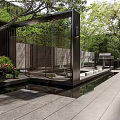 Modern Garden Courtyard Design With Wooden Pavilion Water Feature Greenery And Stone Patio