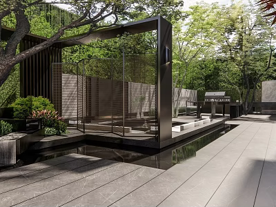 Modern Garden Courtyard Design With Wooden Pavilion Water Feature Greenery And Stone Patio 3d model
