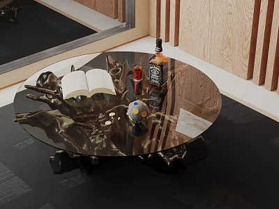 Modern Round Glass Coffee Table With Open Book Decorative Bottle And Metal Base 3d model
