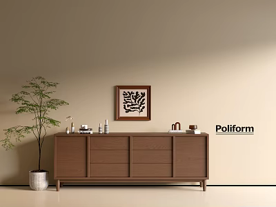 Wooden Entryway Console Cabinet With Drawers Wall Art Decorative Items And Potted Plant 3d model