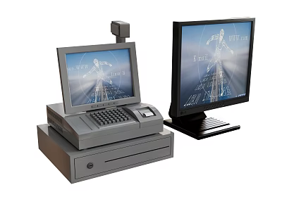 Modern POS Cash Register With Display Monitor And AI Interface Screen 3d model
