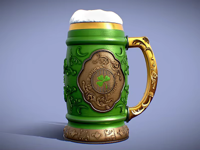 Traditional Green Beer Mug Featuring Golden Decorations Clover Emblem And Foam On Top 3d model