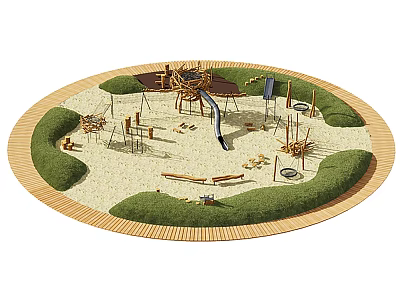 Playground Equipment In Circular Design With Sand Area Grass Patches Climbing Structures Slide And Swings 3d model