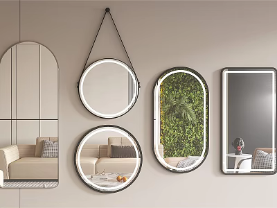 Various Shaped Wall Mounted Mirrors Decorating Living Room With Sofa And Green Plants 3d model