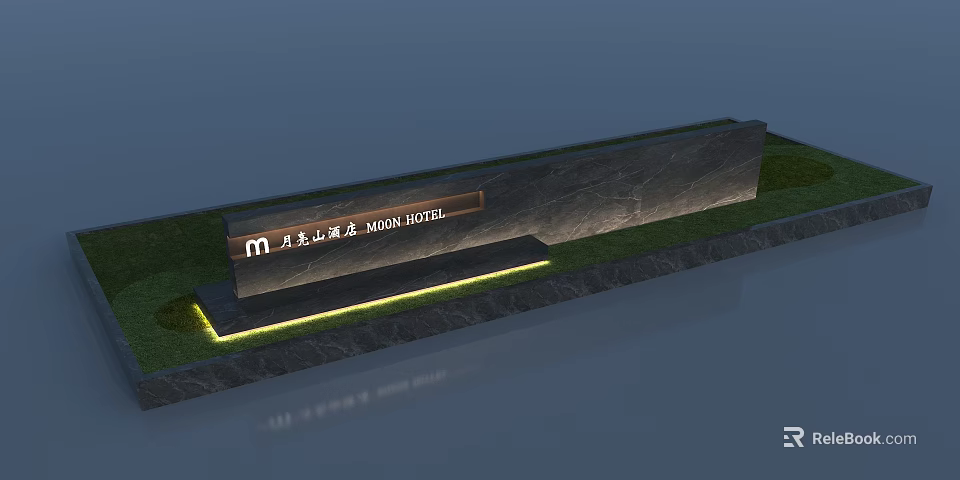 Modern Stone Feature Wall With Mission Hotel Logo Bottom Lighting And Surrounding Grass 3d model 