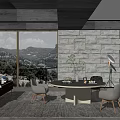 Modern Open Restaurant Interior Featuring Large Windows Stone Wall Dining Table And Mountain View 3d model