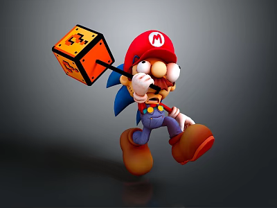 Game Character With Red Hat M Logo Blue Spiky Hair Holding Cube With Lightning Symbol 3d model