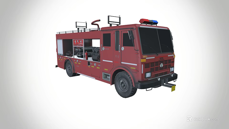 Highly Functional Red Fire Truck With Emergency Lights Ladder And Rescue Equipment 3d model 