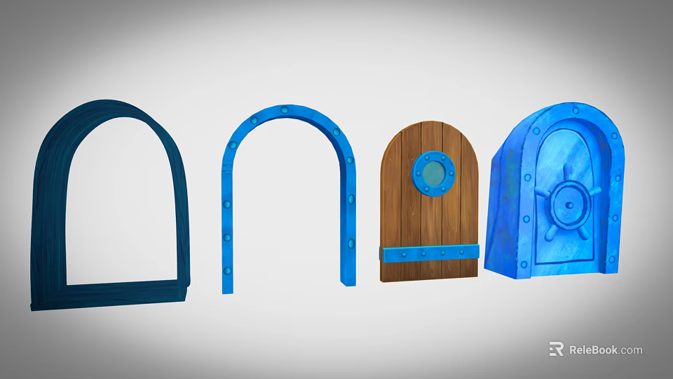 Various Style Gates Design With Blue Arched And Wooden Circular Details 3d model 