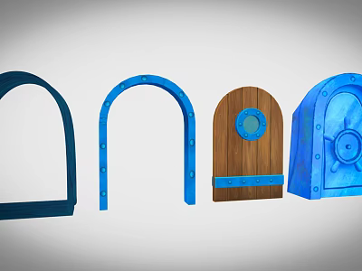 Various Style Gates Design With Blue Arched And Wooden Circular Details 3d model
