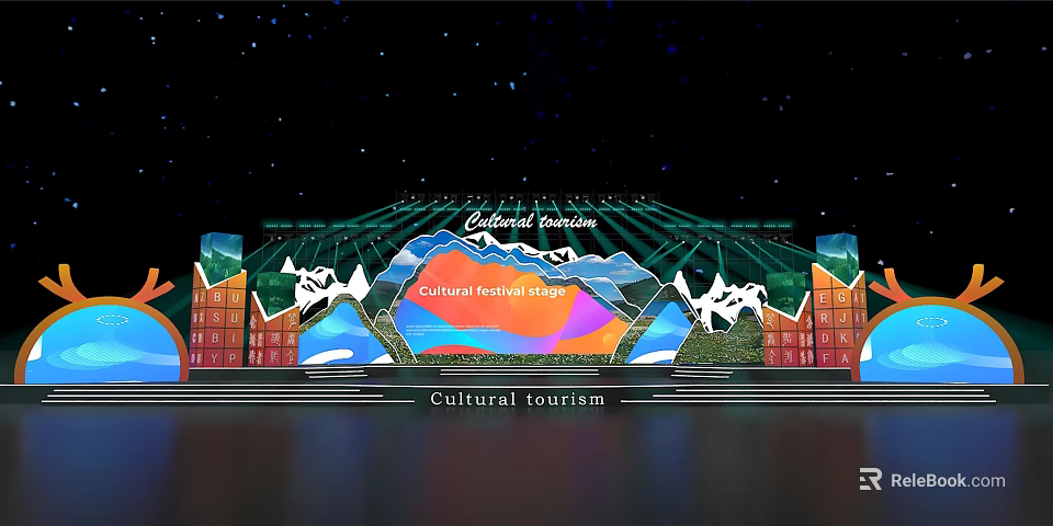 Ballroom Stage With Cultural Tourism Theme Mountain Backdrop And Colorful Festival Decorations 3d model 