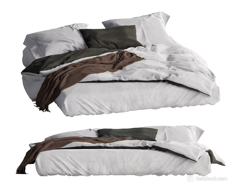 Double Bed With White Linen Bedding Plush Gray Pillows And Brown Cozy Blanket 3d model 