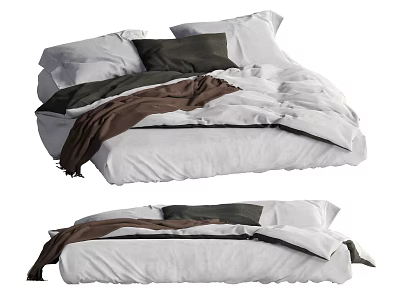 Double Bed With White Linen Bedding Plush Gray Pillows And Brown Cozy Blanket 3d model