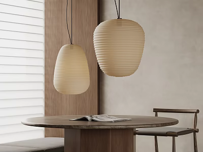 Textured Paper Lanterns Hanging In Modern Dining Space With Wooden Table Chair And Window 3d model