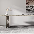 Modern Tea Table And Chairs With Wooden Surface Vase Abstract Wall Painting Patterned Rug