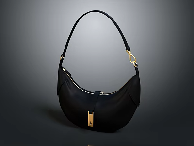 Stylish Black Curved Handbag With Long Strap And Gold Metal Fittings 3d model