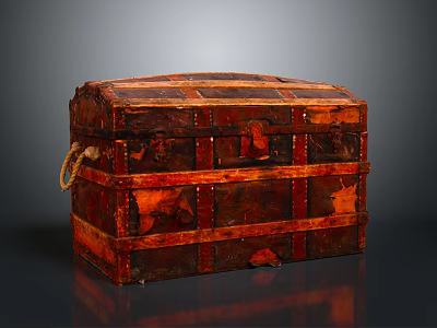 Vintage Handcrafted Wooden Storage Trunk With Metal Straps And Rope Handles 3d model