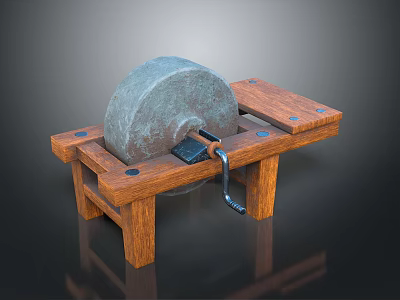 Traditional Stone Grinding Mill With Wooden Base And Metal Handle 3d model