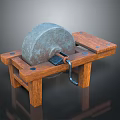Traditional Stone Grinding Mill With Wooden Base And Metal Handle