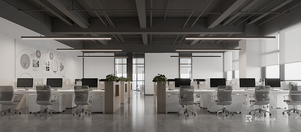 Modern Public Office Interior With Open Workstations Office Chairs And Potted Plants 3d model 