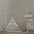 Dinosaur Doll in Kids Room with Teepee Cloud Decorations Animal Pictures Floor Arrangement