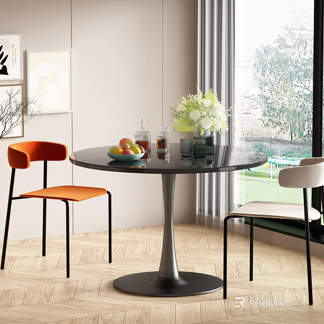 Orange and Gray Accent Chairs in Modern Dining Room with Round Table and Floral Decor 3d model 