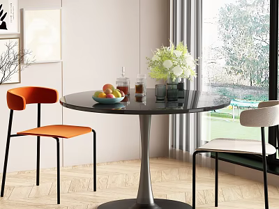 Orange and Gray Accent Chairs in Modern Dining Room with Round Table and Floral Decor 3d model