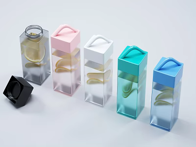 Vibrant Square Cups Featuring Transparent Bodies And Multicolor Lids In Black Pink White Turquoise Blue 3d model