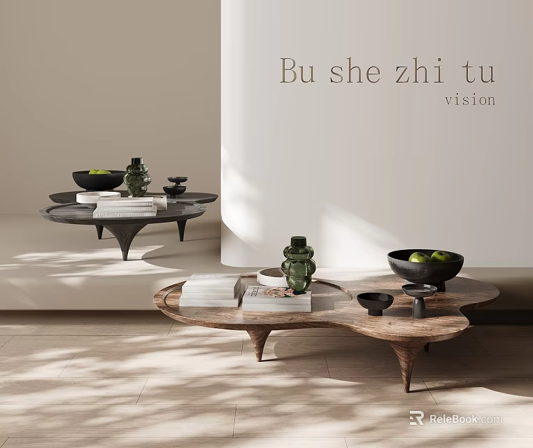 Modern Coffee Table with Green Vase Bowl and Wooden Coffee Table with Books White Towel 3d model 